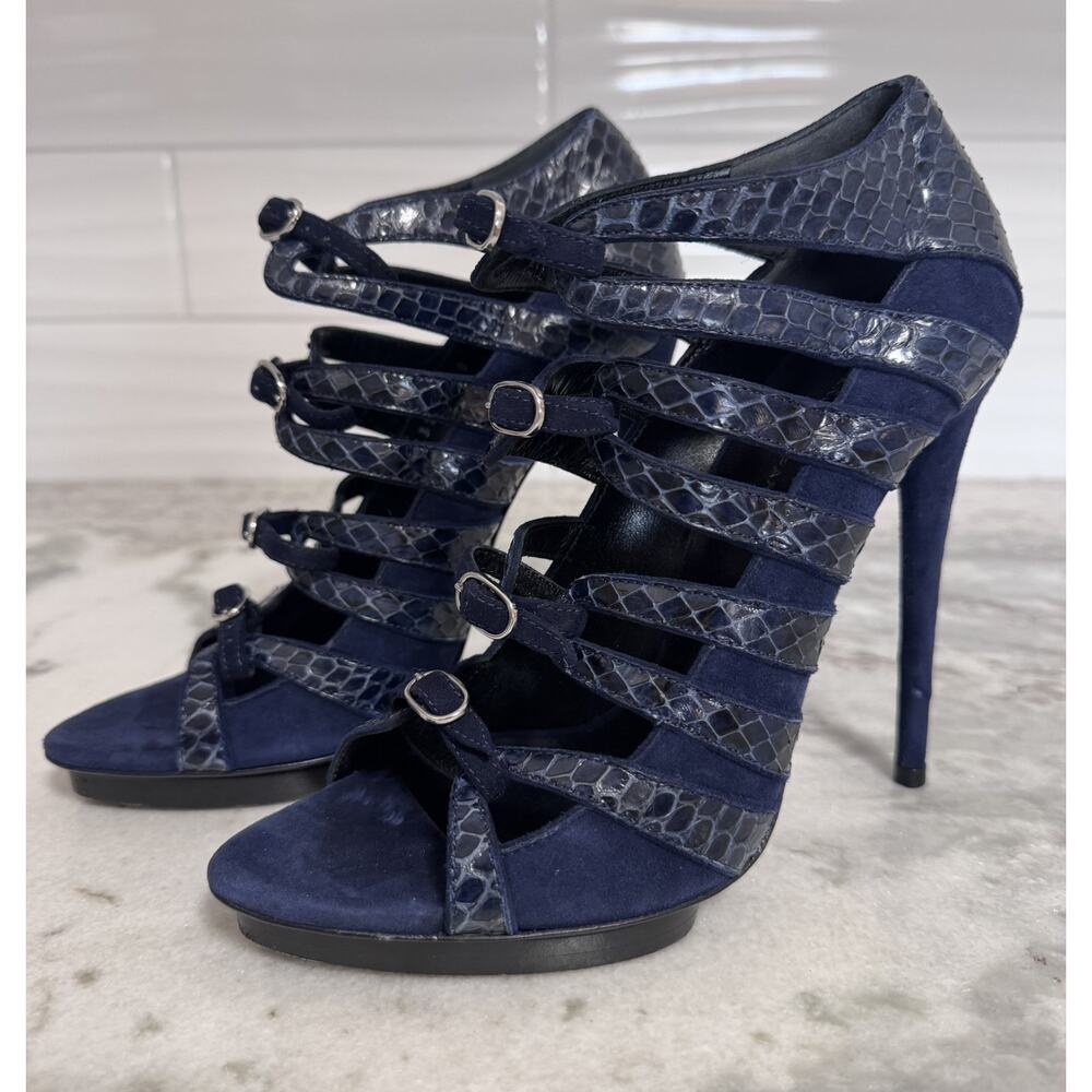 Balenciaga Blue Suede Snakeskin Strappy Heel Stiletto Sandals Size 38